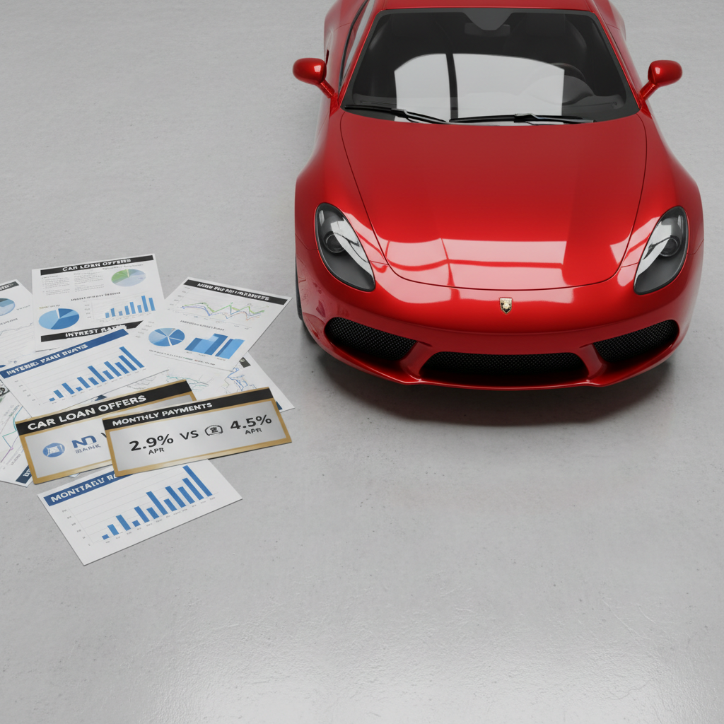 Car dealership finance office with desk, computer screen showing loan calculator, and financial documents, representing auto loan negotiation
