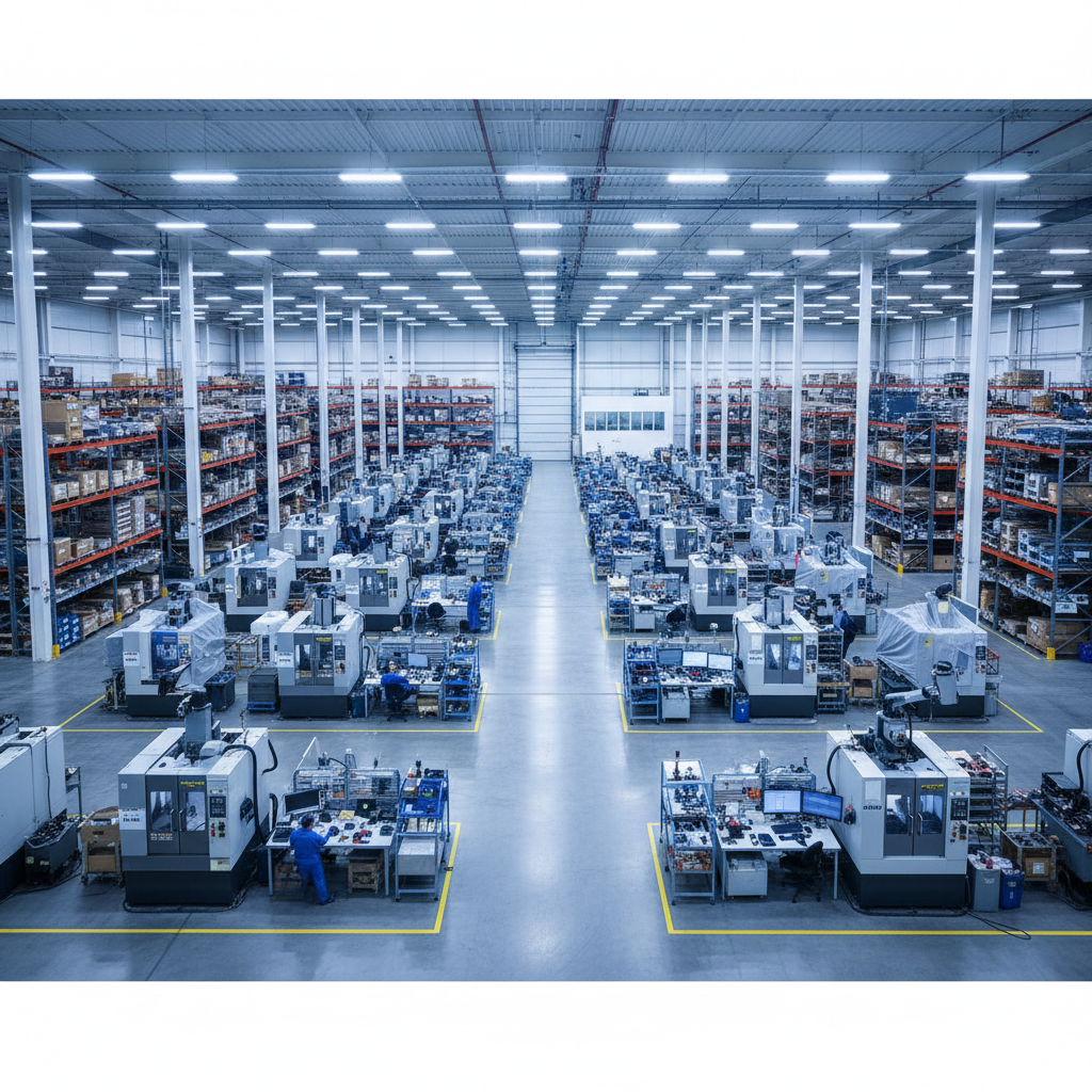 Factory floor with workers and machinery, well-lit industrial environment