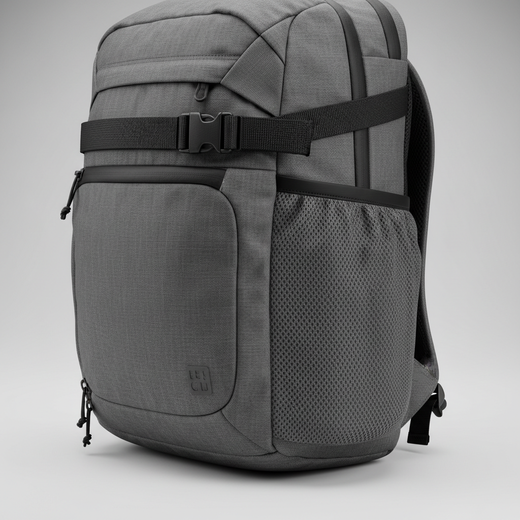 Side angle of Pack backpack showing water bottle pocket and compression strap in graphite color