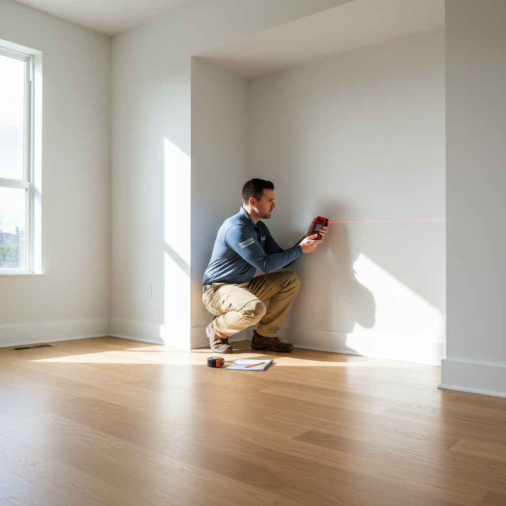 Fitted surveyor measuring a bedroom alcove with a laser measure