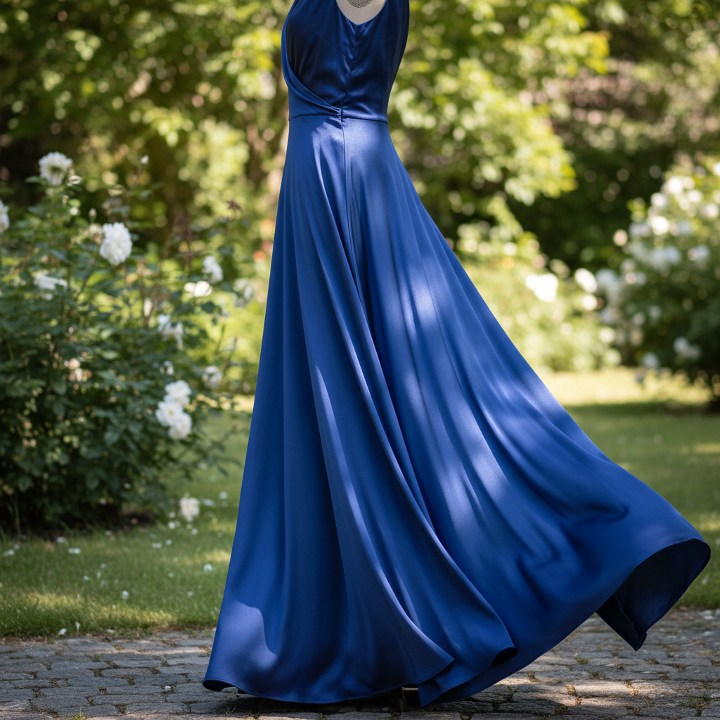 Silk dress worn outdoors garden golden light editorial