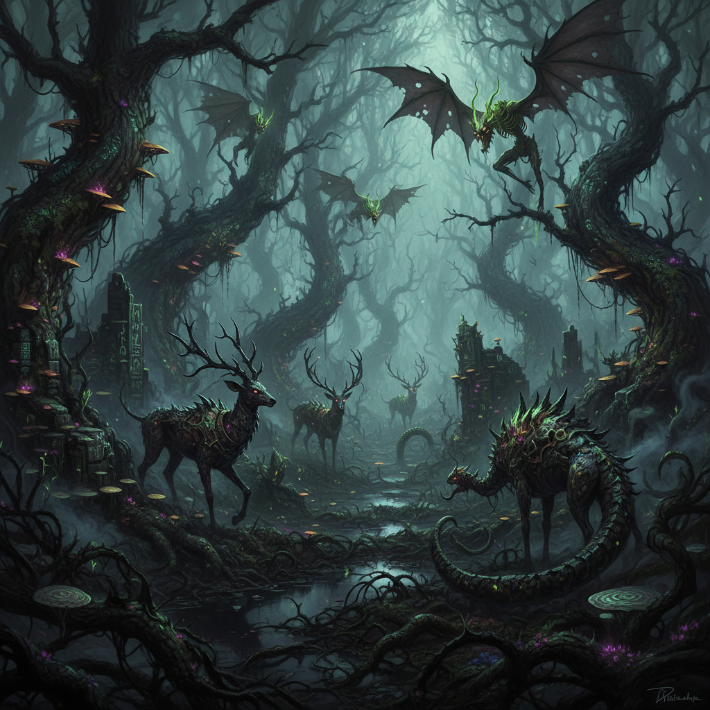 Dark mysterious forest with twisted trees and eerie green light