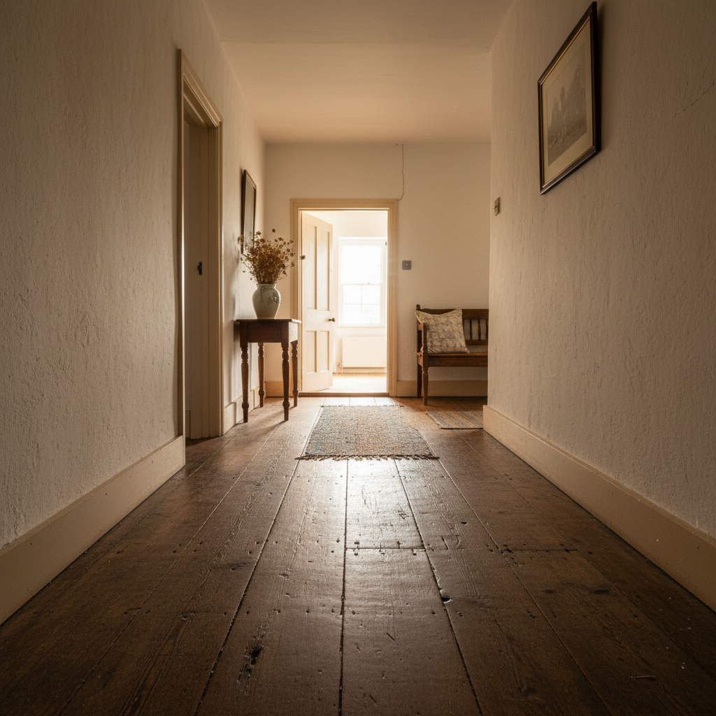 Century-old farmhouse hallway with wide-plank floors, plaster walls, morning light streaming through a doorway into a sun-filled living room