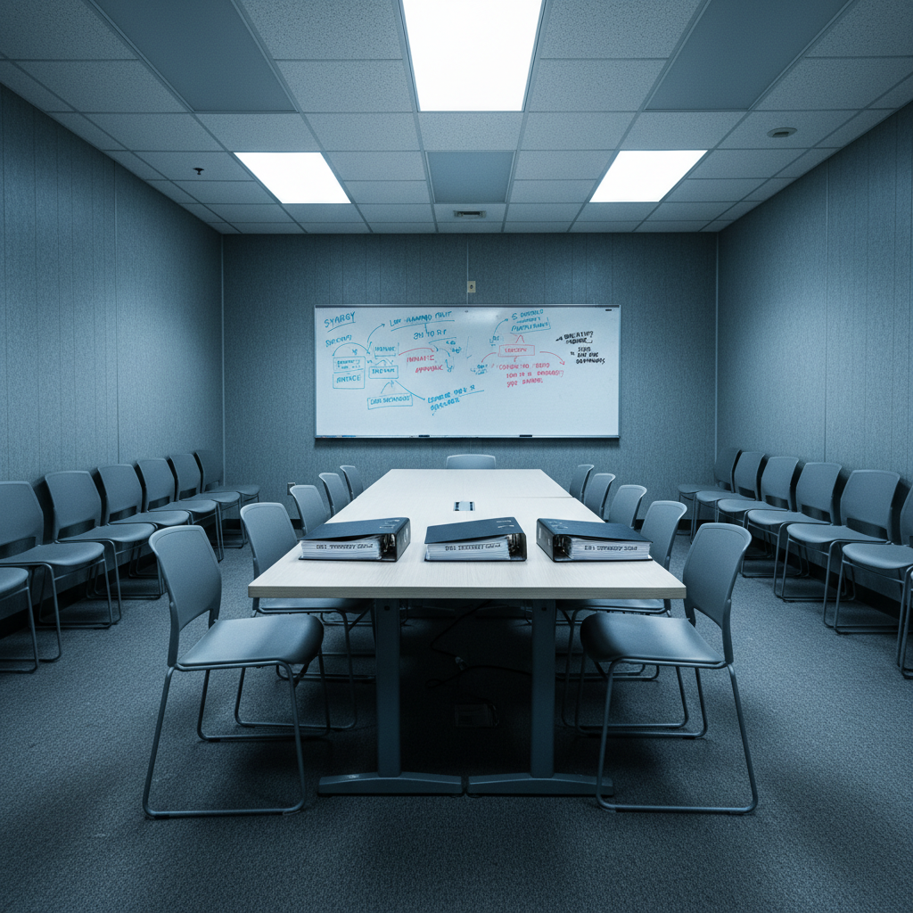 Old paradigm conference room — fluorescent gray, DEI binders, empty chairs, corporate jargon whiteboard