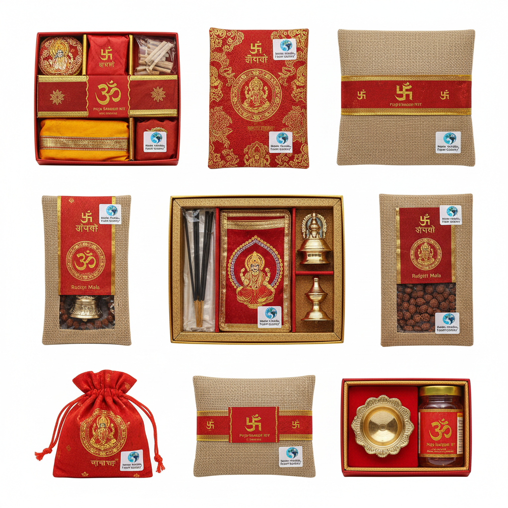 Traditional puja items including incense and religious materials