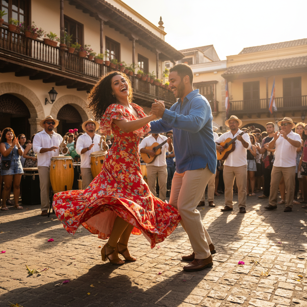 Pareja bailando salsa en primer plano con banda de salsa en vivo actuando en el escenario al fondo, luces coloridas de discoteca