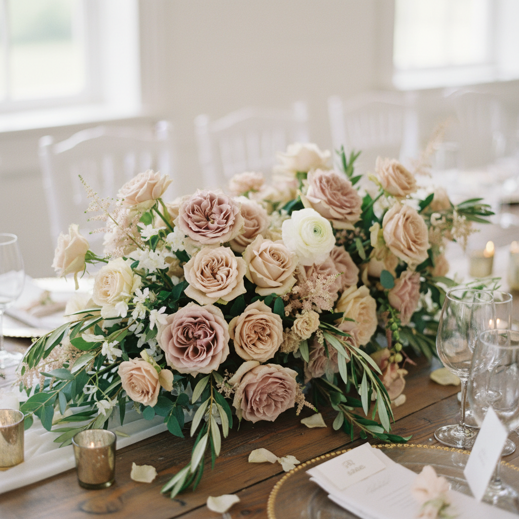 Tall champagne rose and white hydrangea wedding reception centerpiece