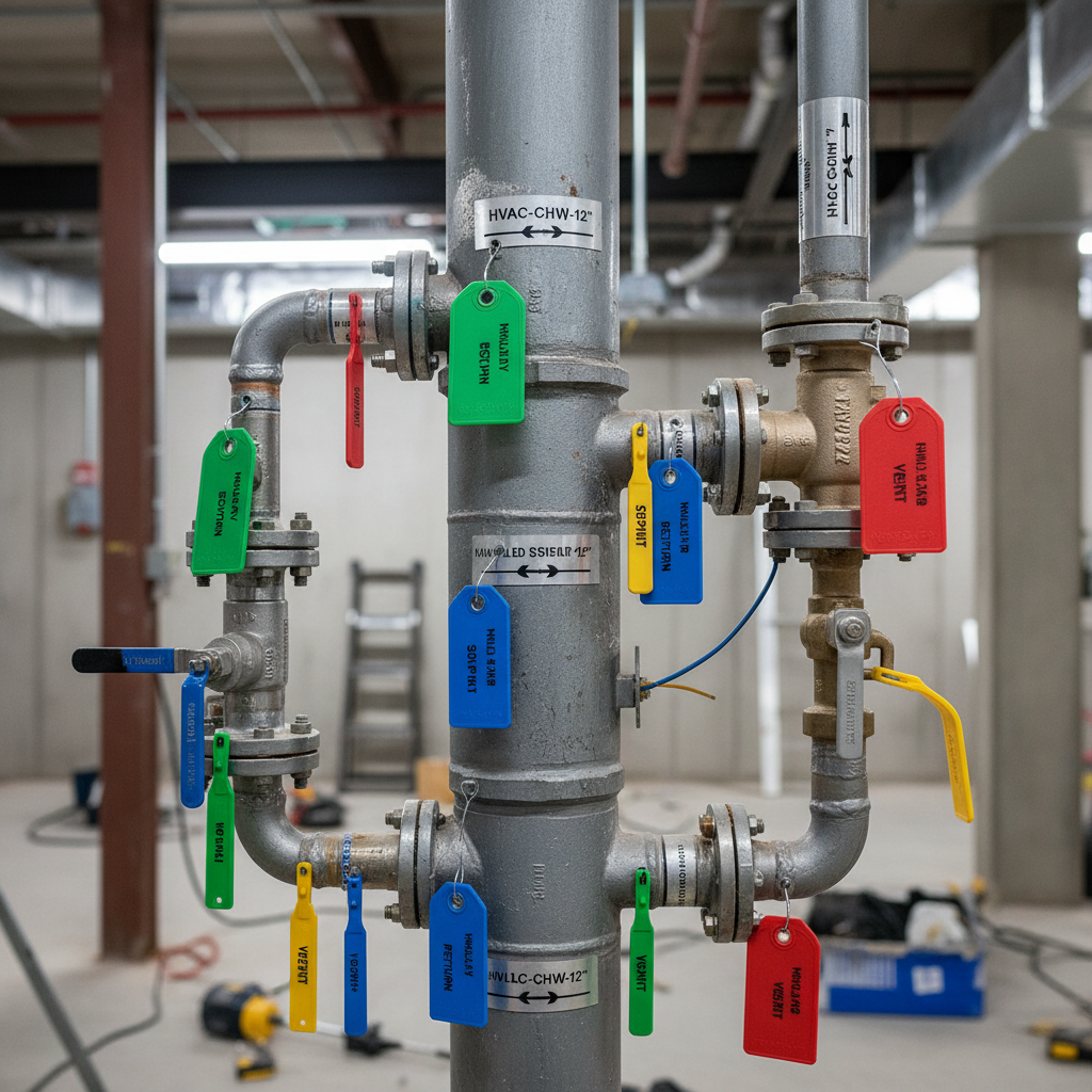 Pipe riser with valve tags and labels before insulation installation