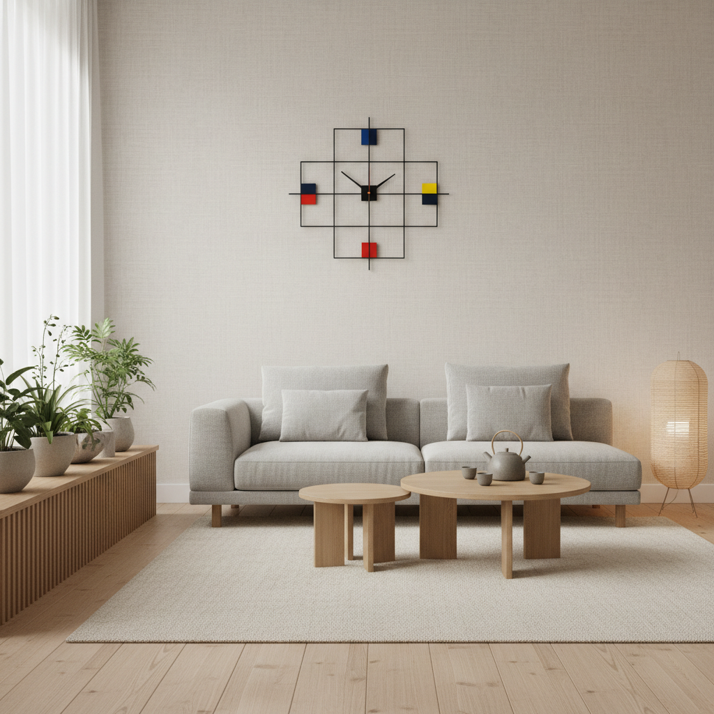 Japandi styled living room with Bauhaus Grid wall clock on warm linen wall surrounded by natural wood furniture