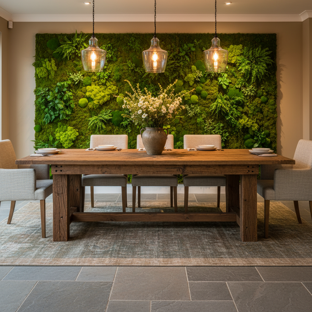 Staged dining area with reclaimed wood table, living moss wall accent, and warm pendant lighting
