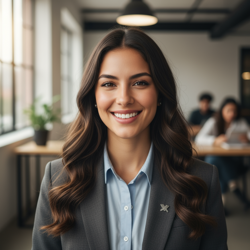 Woman with long dark hair smiling confidently in professional setting