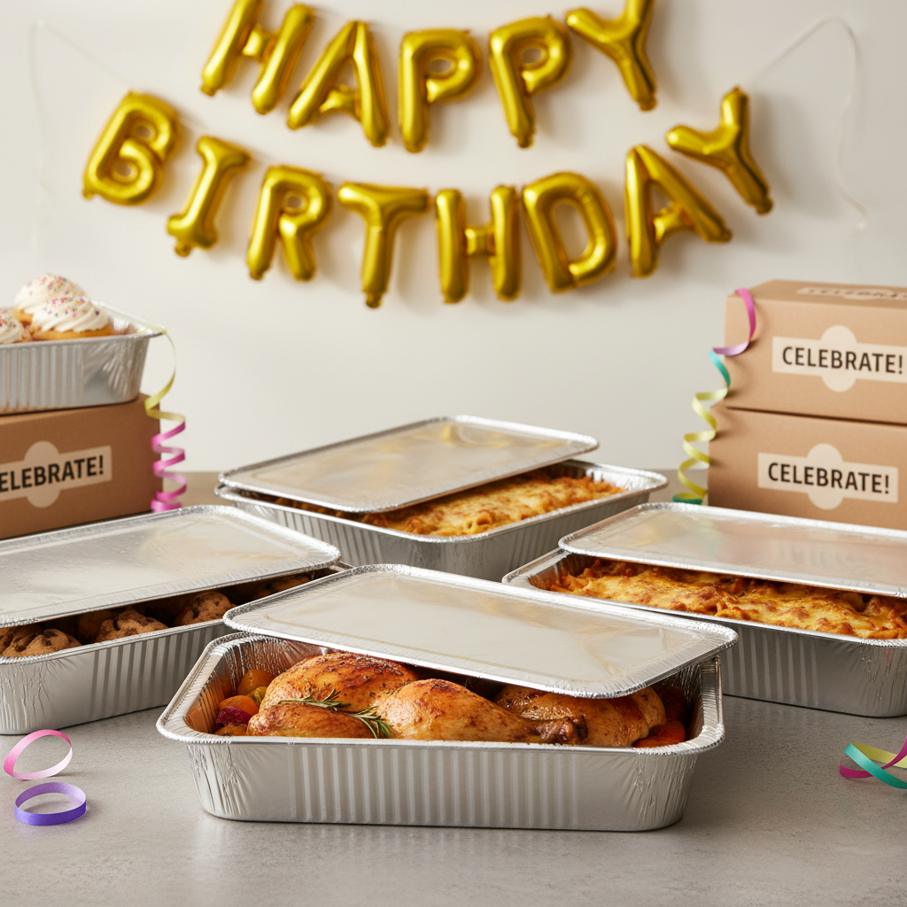 Warme folie trays klaar voor bezorging voor een verjaardag