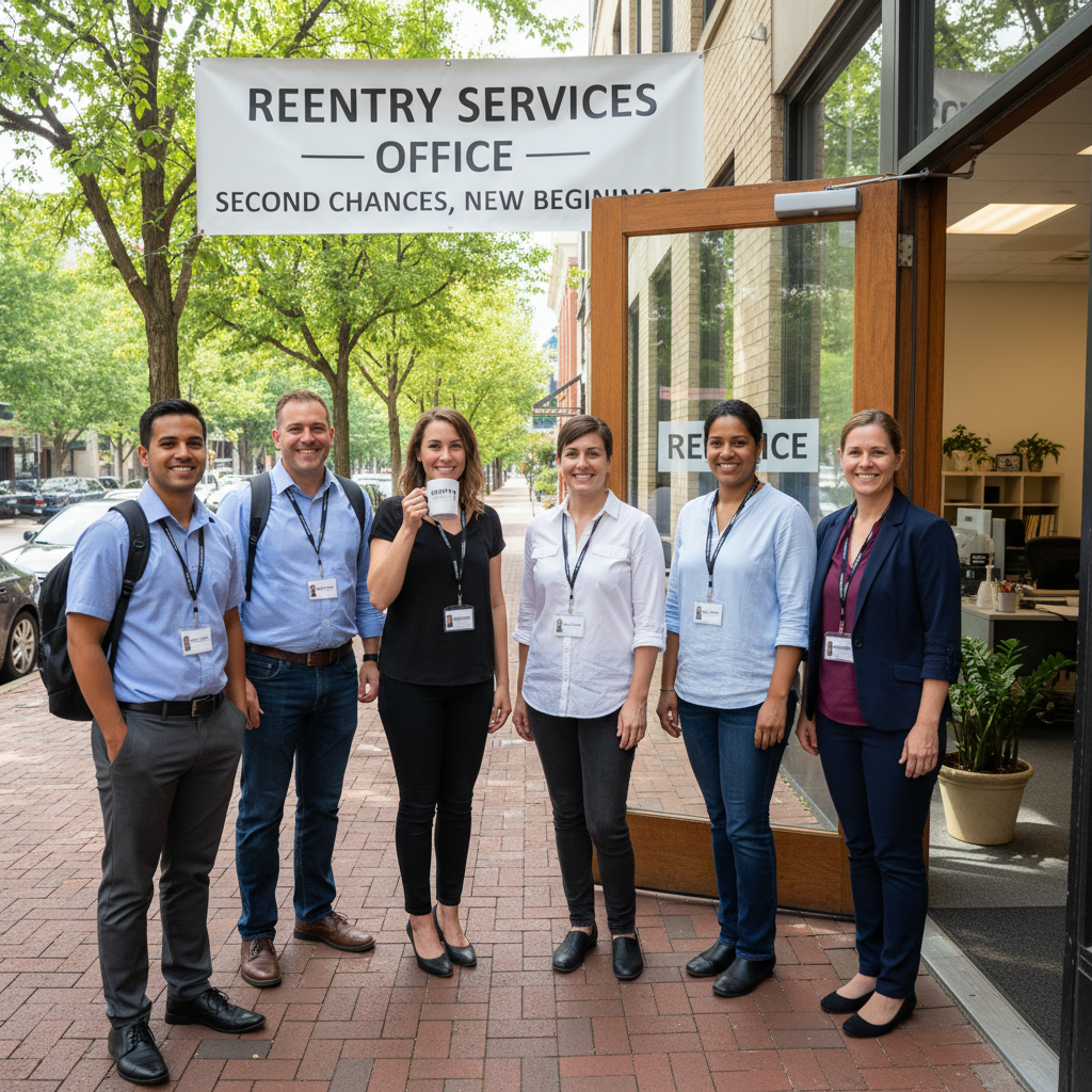 Six Reentry staff members standing together on the sidewalk outside the office. Some wear lanyards, one holds a coffee cup, the office door is propped open behind them.