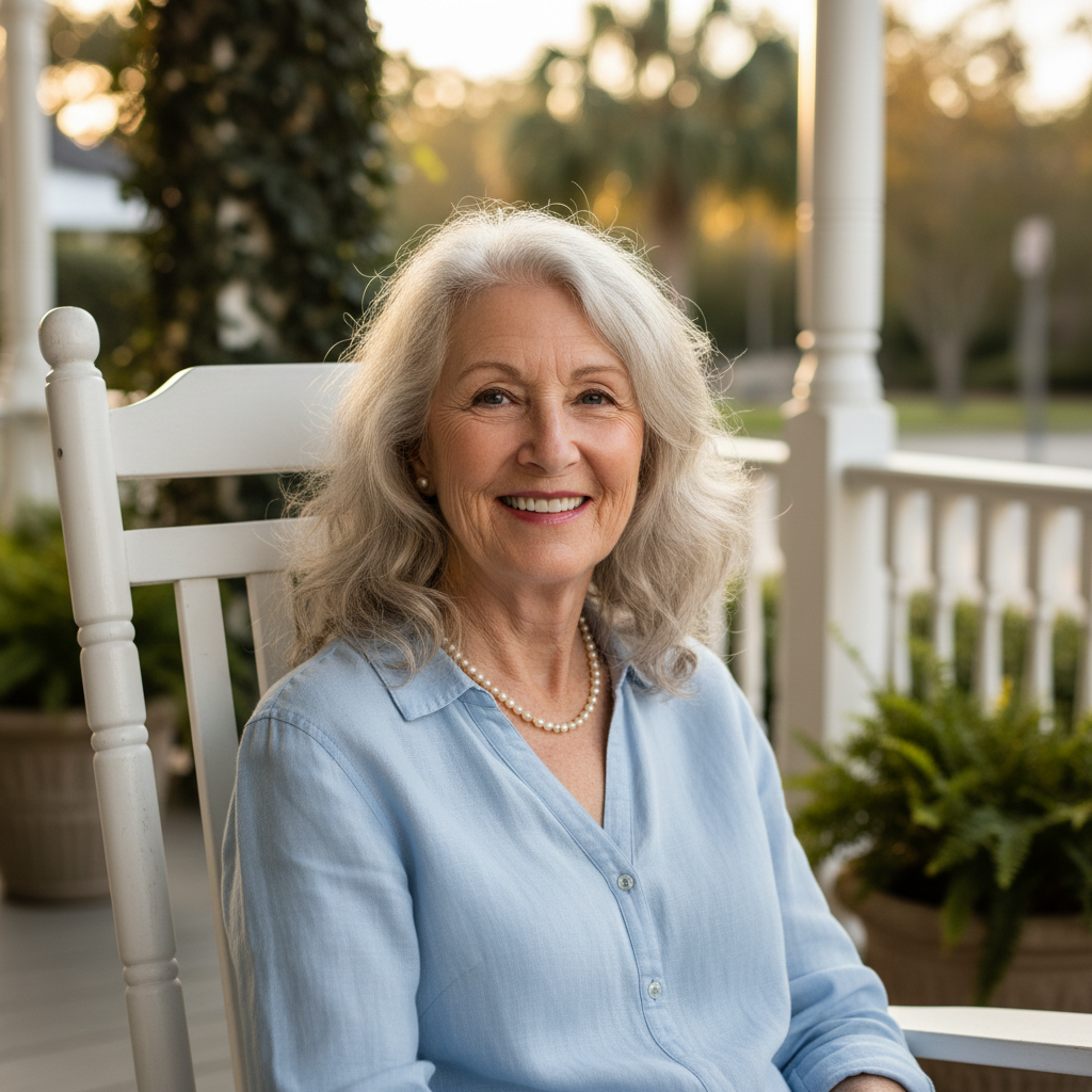 Smiling older woman with gray hair sitting on a porch rocker in Charleston
