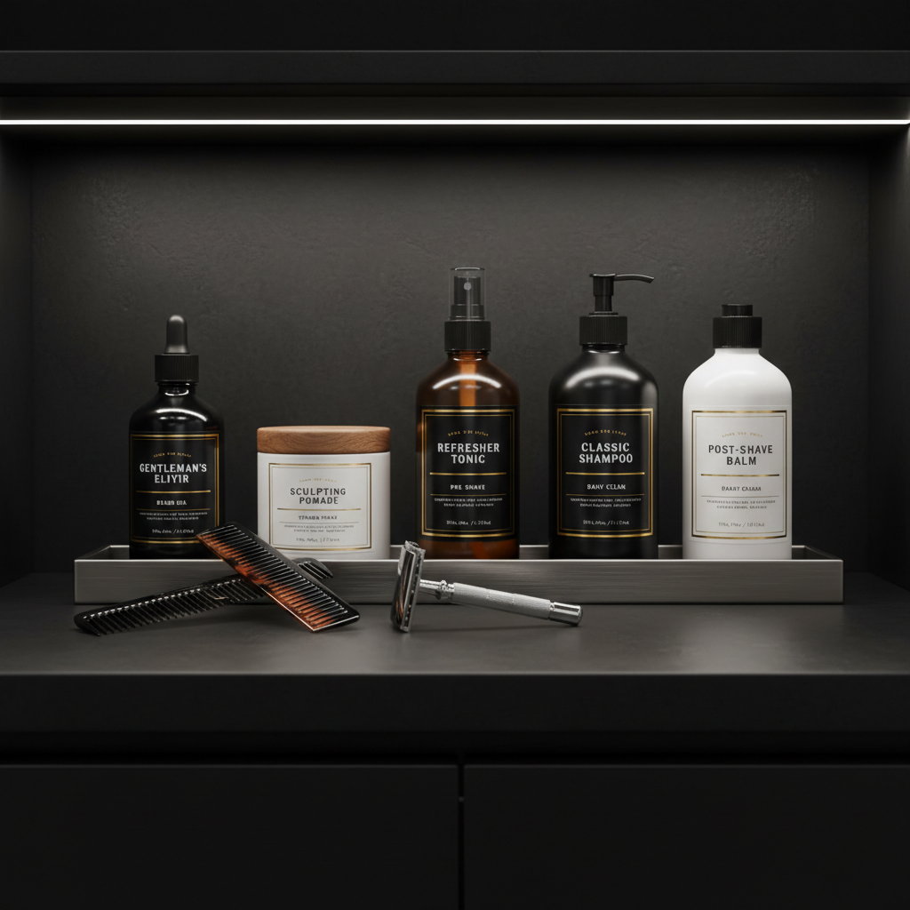 Barbershop counter with premium pomade collection and professional grooming products