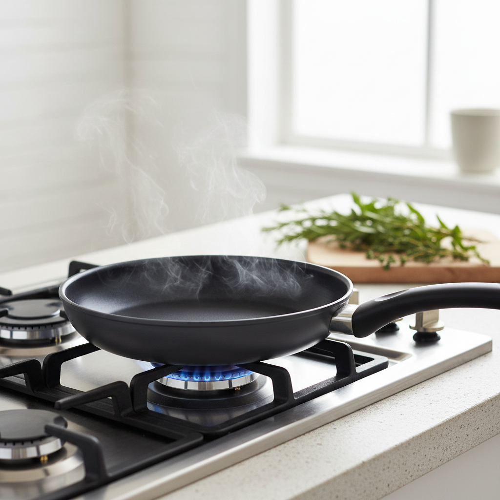 Nonstick frying pan on a gas hob with steam rising