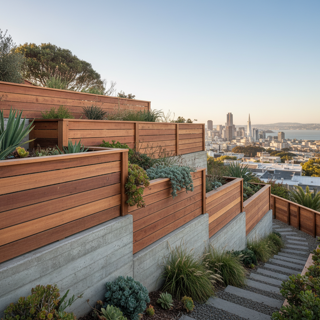 Bernal Heights wood and concrete retaining wall combination fence on hillside