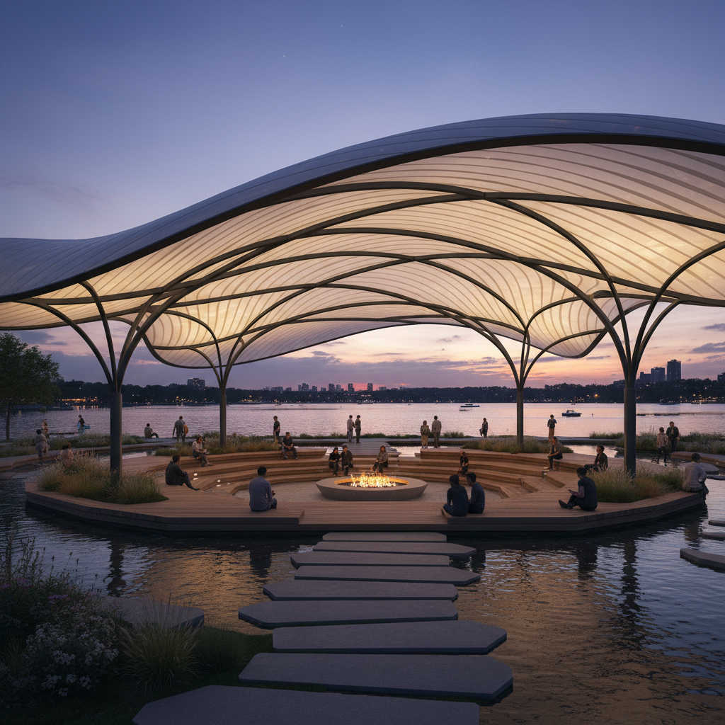 Unbuilt cultural pavilion concept with sweeping canopy roof and open public gathering space at dusk