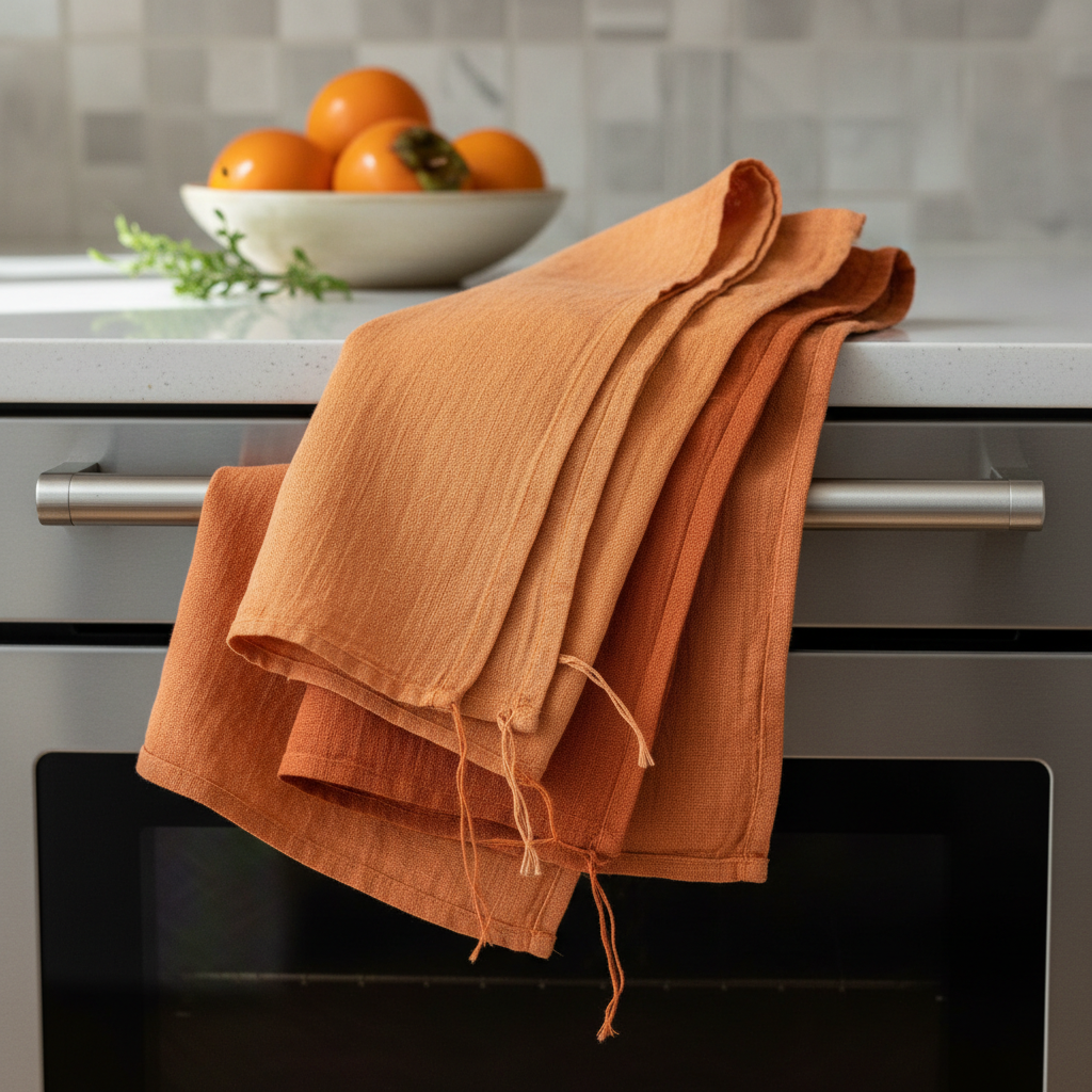Persimmon-dyed orange linen dish cloths draped over oven handle