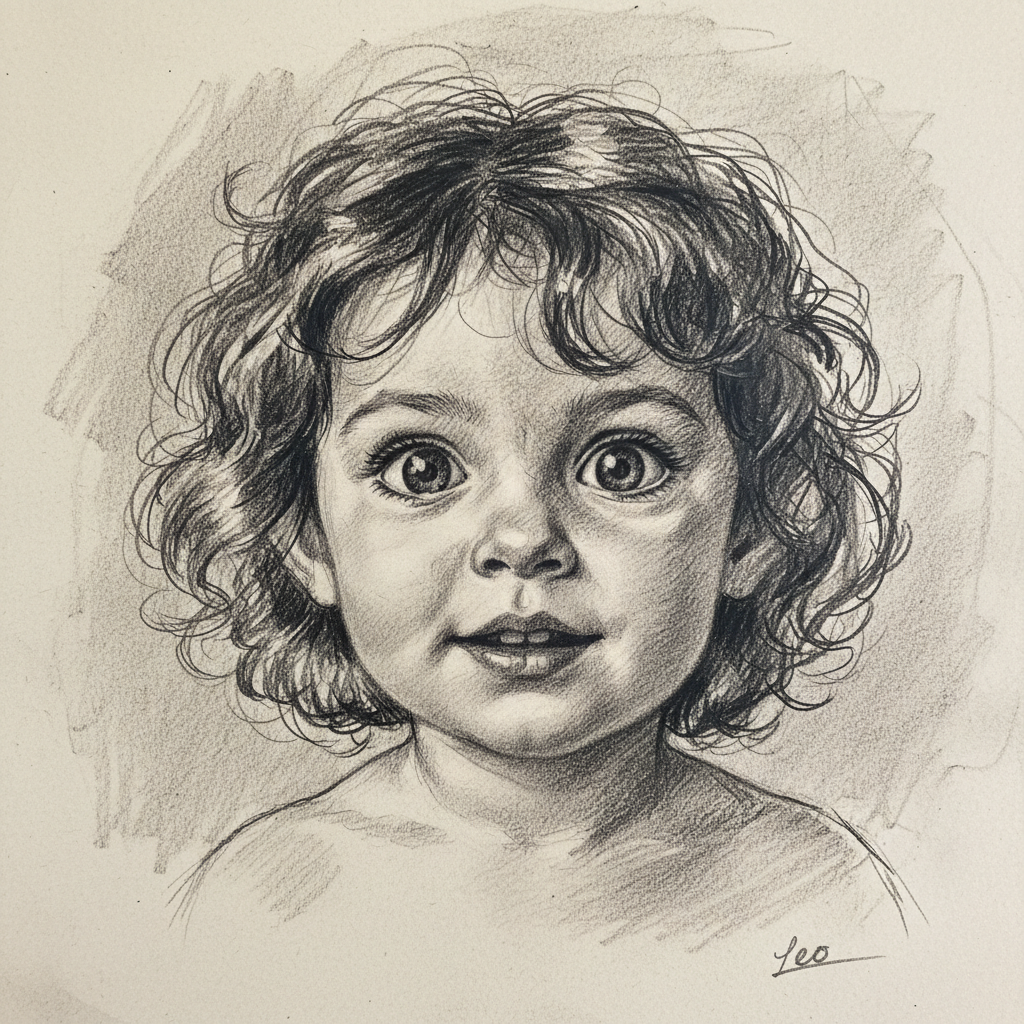 Charcoal self-portrait sketch of a child with expressive eyes and curly hair