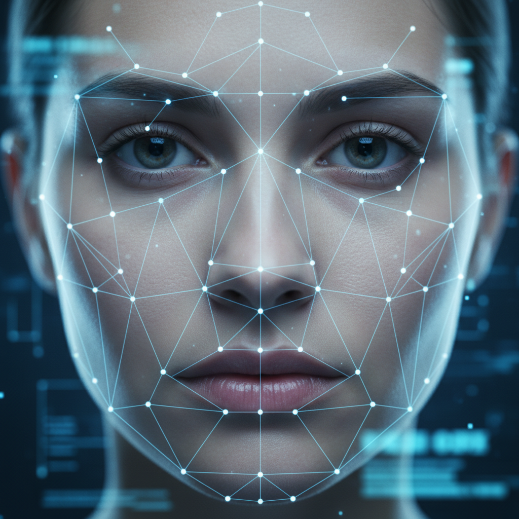 AI face recognition technology visualization with neural network overlay, dark background, glowing teal grid lines, digital campus environment