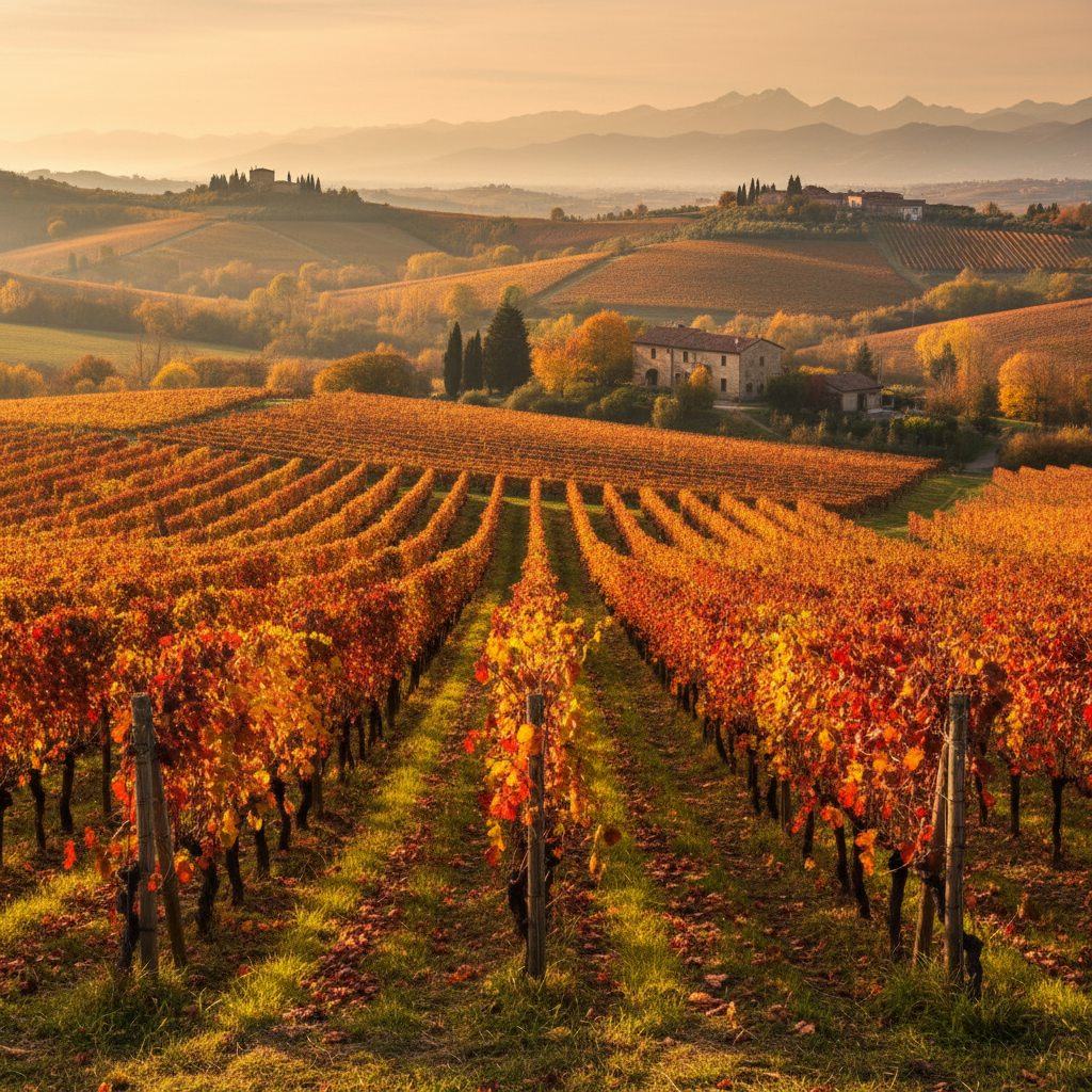 Burgundy vineyard rows in autumn gold, stone village church spire, warm harvest light