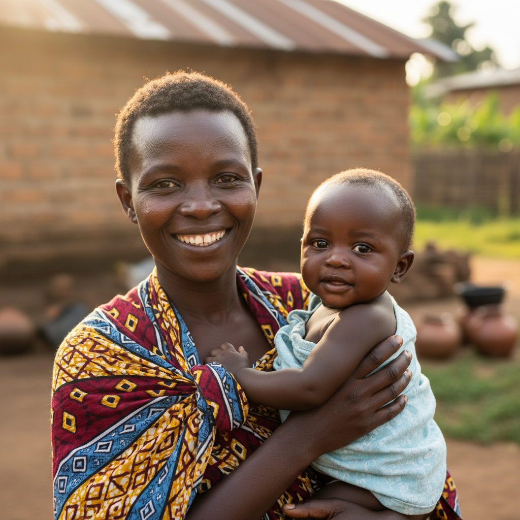 Malawian mother Grace holding her healthy baby, grateful smile, outside her home in Lilongwe