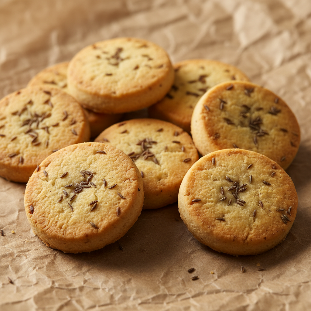 Round jeera biscuits with cumin seeds on a brown paper background