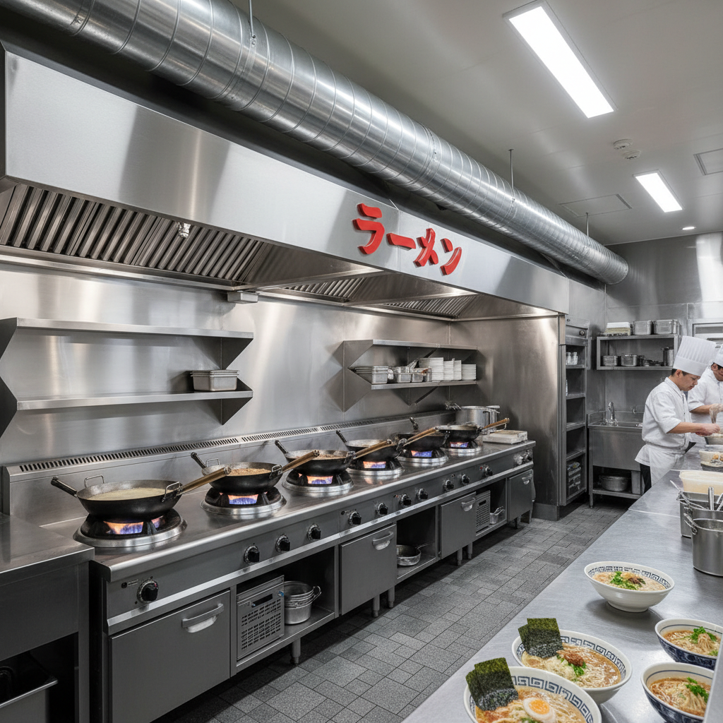 Ramen kitchen with low-profile exhaust hood over commercial wok burners, stainless steel surfaces, clean ventilation