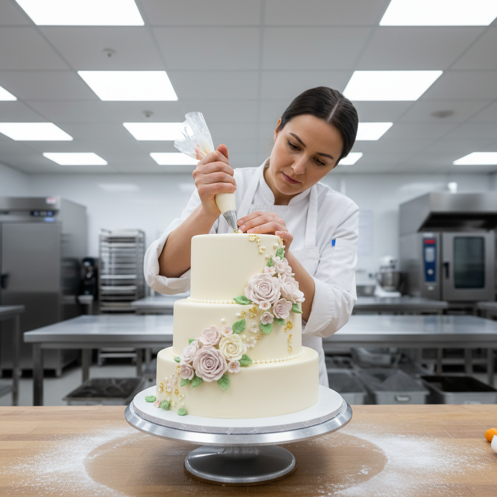 Baker decorating a custom cake with intricate floral designs, warm kitchen, natural light, artisan atmosphere