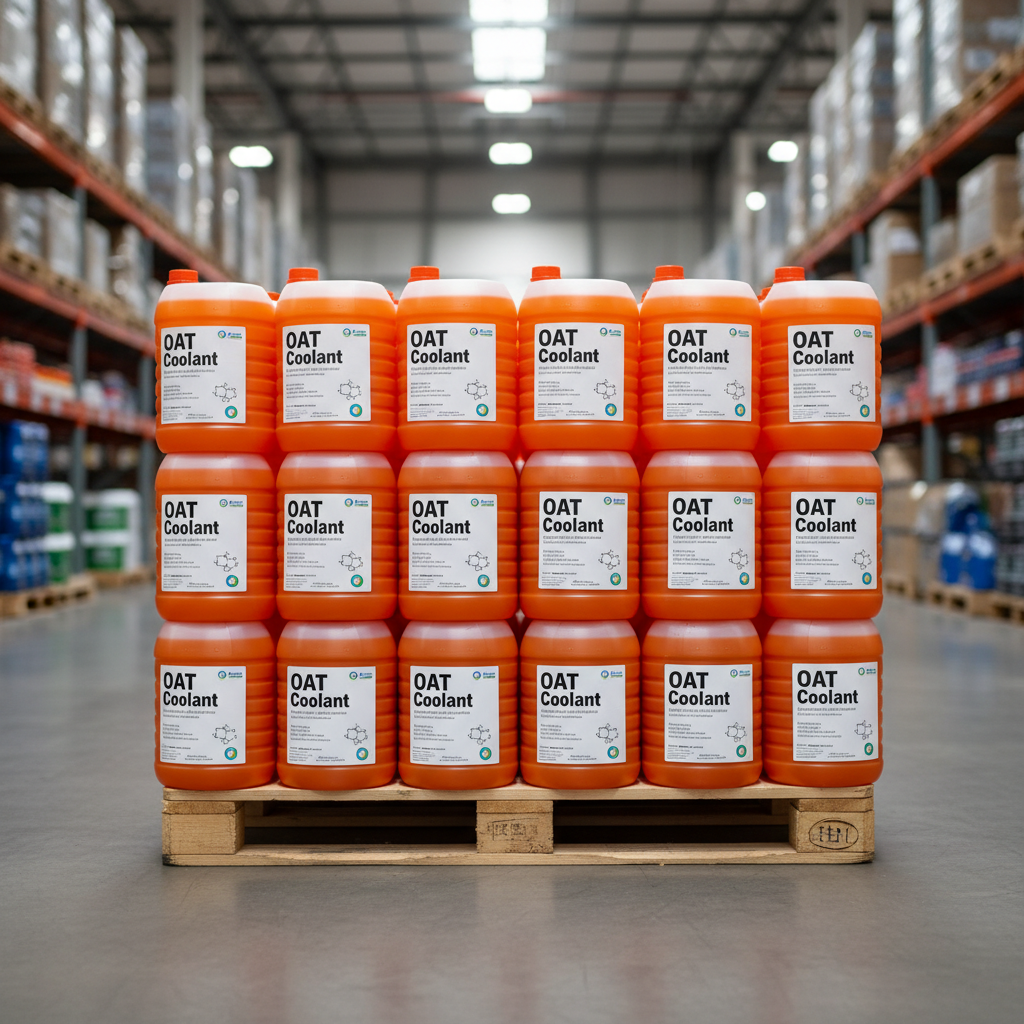 Orange OAT coolant jugs arranged in rows on a pallet in a warehouse