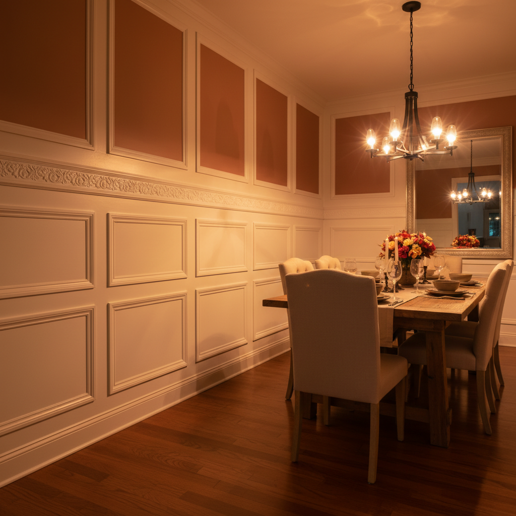 White painted wainscoting with shadow detail in dining room with amber evening light
