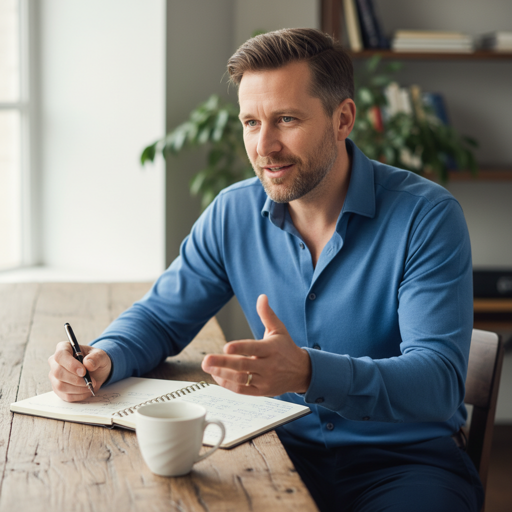 Course instructor, a man in his late thirties at a wooden desk with a notebook and coffee cup