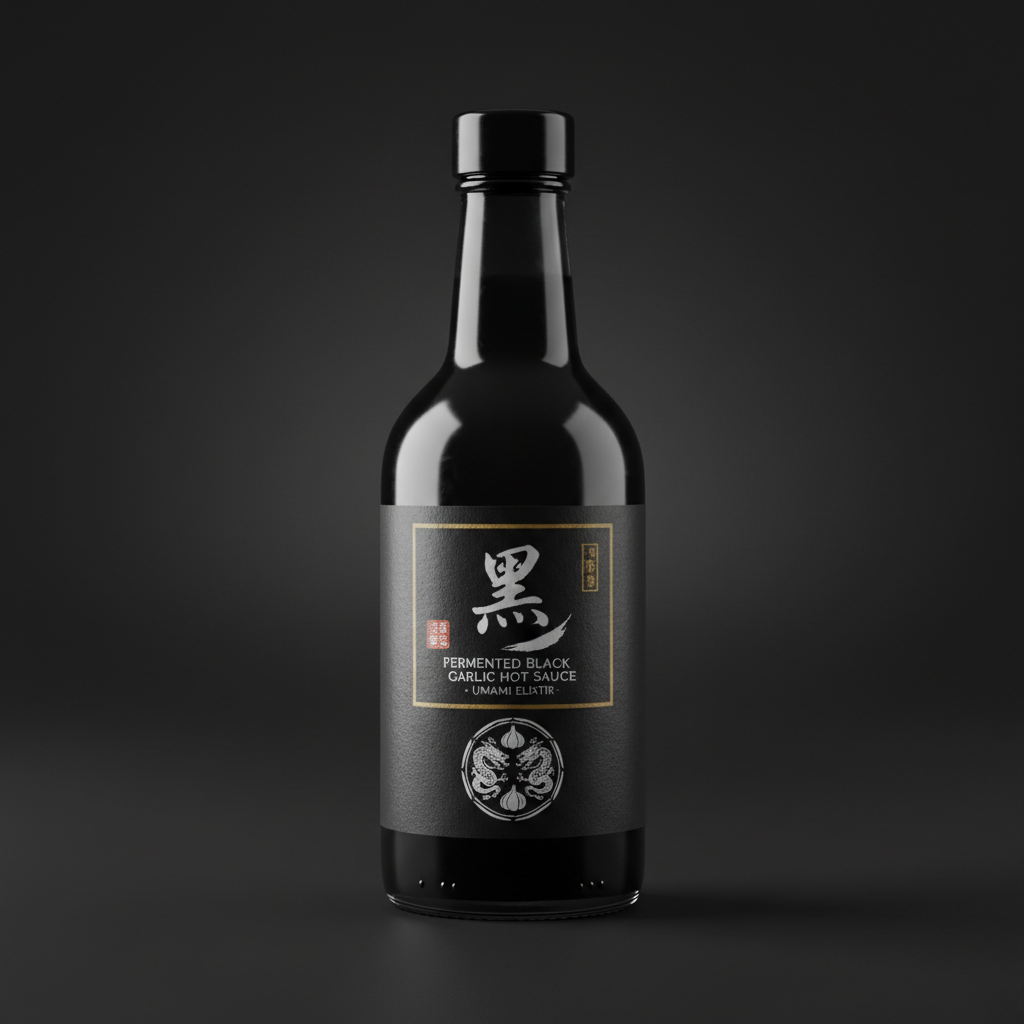 Deep black garlic fermented hot sauce in a dark bottle with Japanese-inspired label