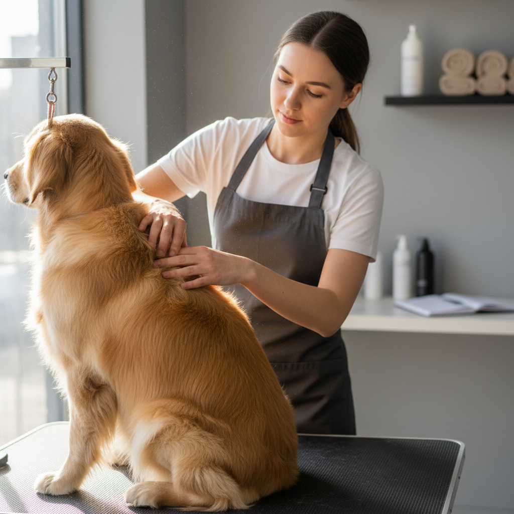 Groomer carefully examining a dog's coat texture and density during pre-groom consultation