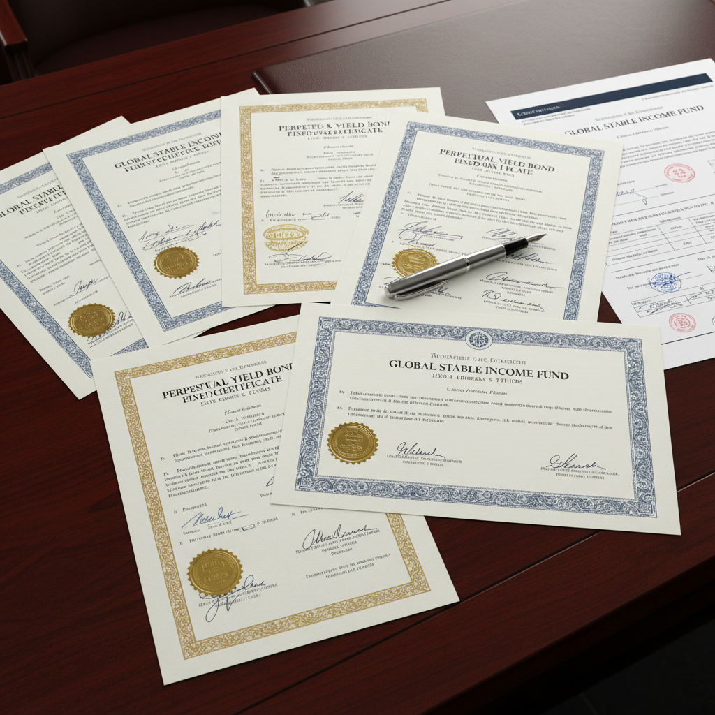 Stable bond certificates and fixed income documents in professional office