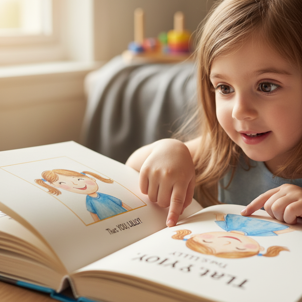 Little girl pointing at her own illustrated face in a personalized storybook