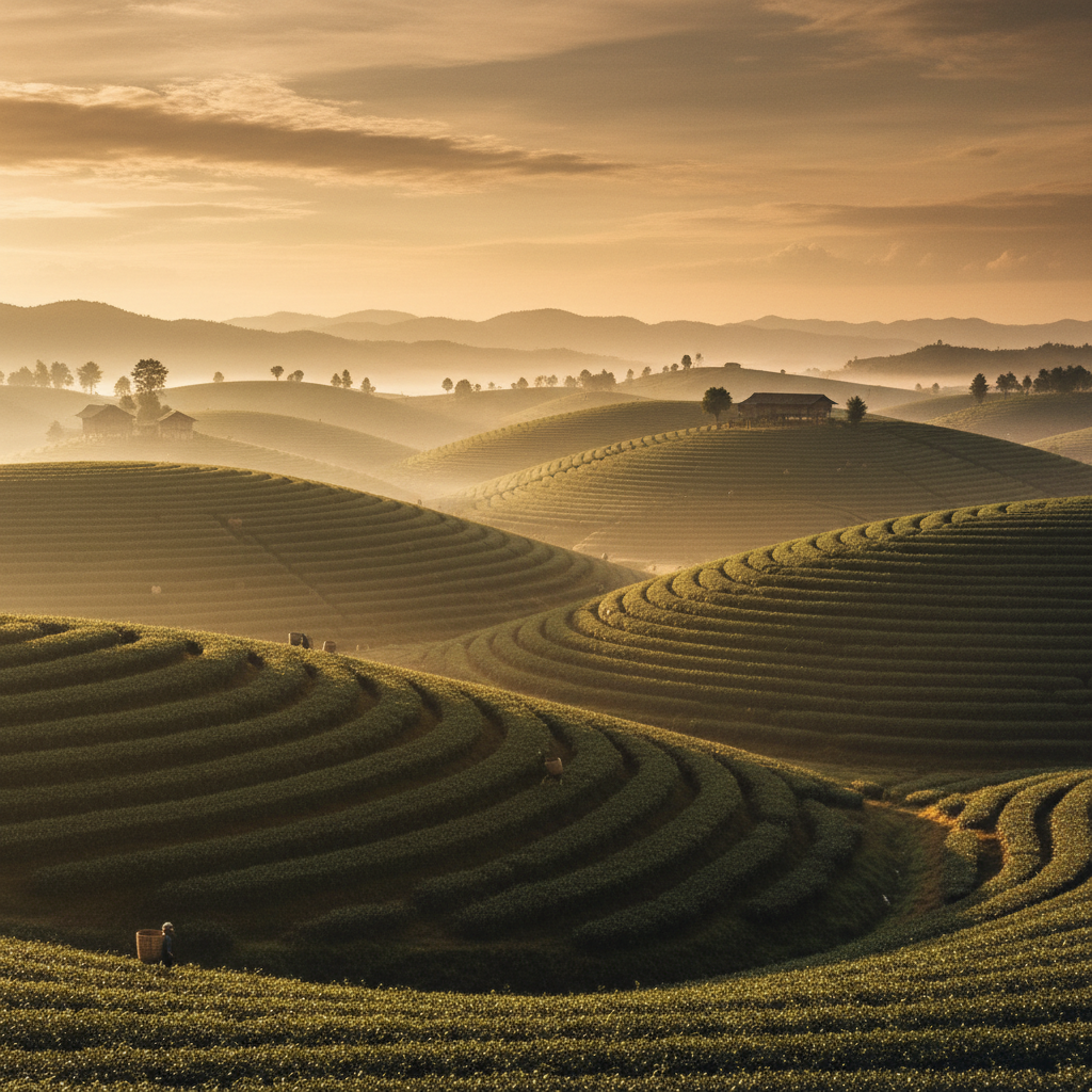 Lush green Darjeeling tea garden terraces in the Himalayan foothills with misty morning light