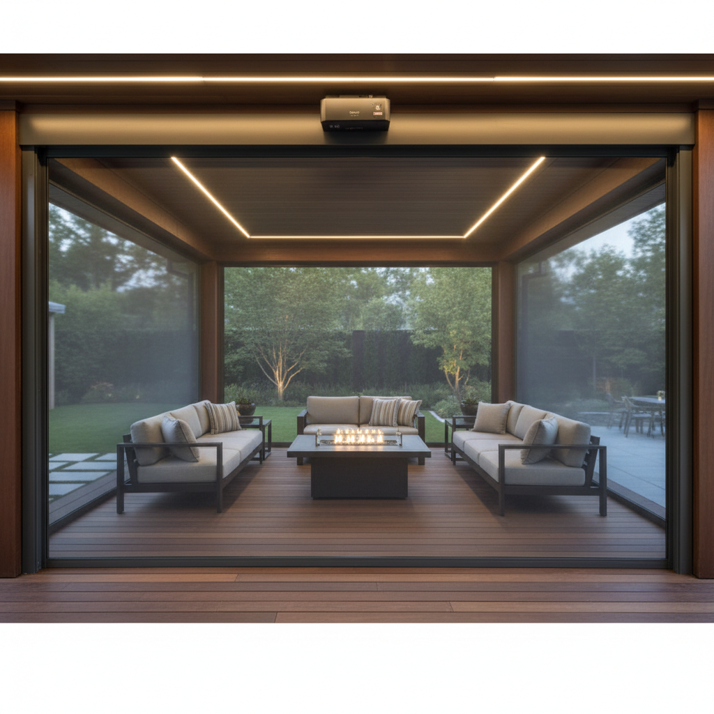 MagnaTrack motorized screen system deployed on outdoor living space
