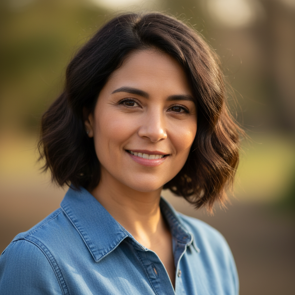 Hispanic woman with warm smile wearing casual top