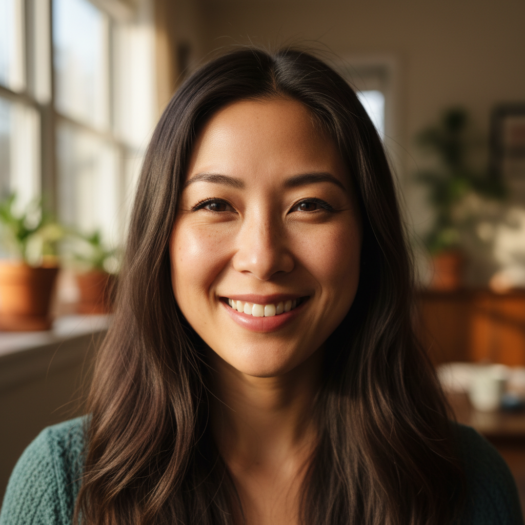 Japanese American woman with long dark hair and warm smile