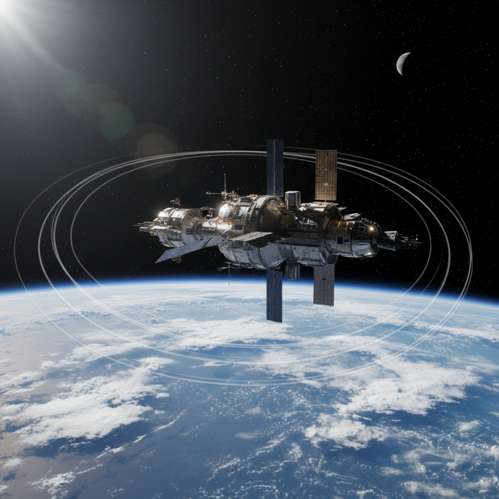 Space station concept with Earth in background, dark space environment, dramatic lighting on structure
