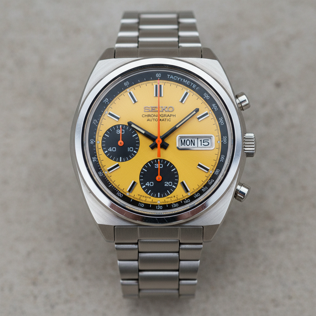 Seiko Pogue 6139 chronograph from 1972 with yellow dial and original bracelet