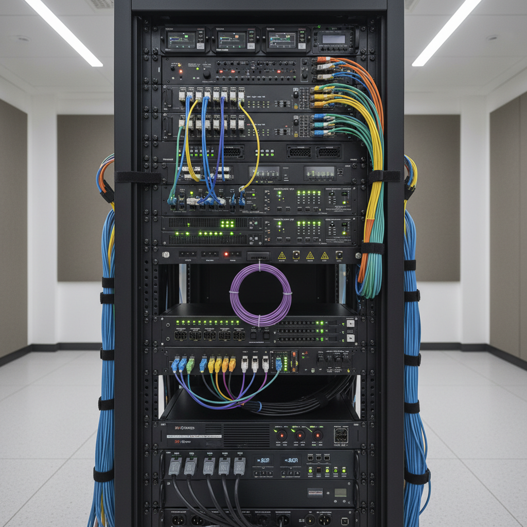 IP broadcast infrastructure network diagram and equipment rack