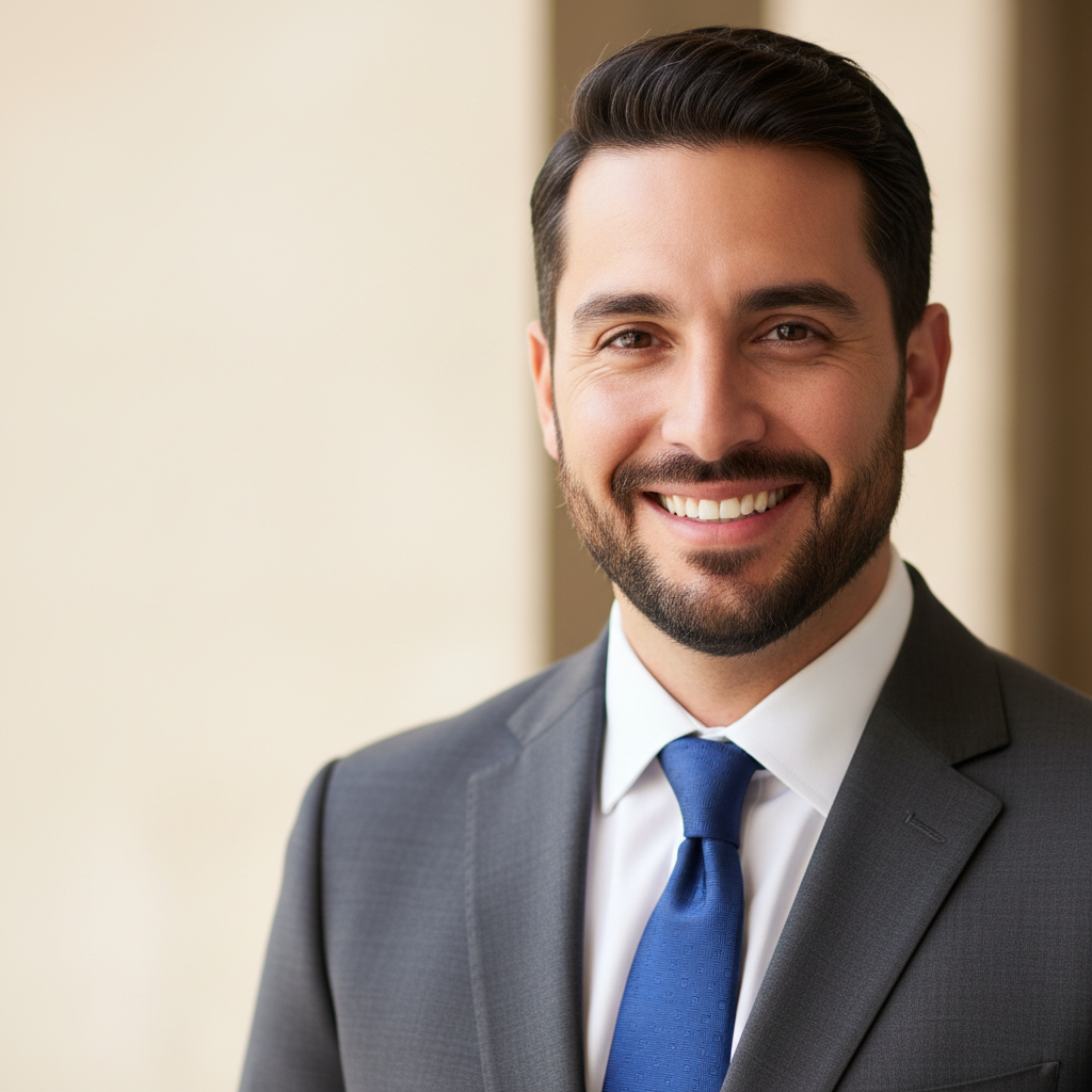 Portrait of Carlos Rivera, a Hispanic man smiling in professional attire