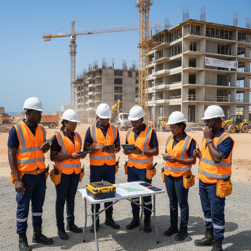 Construction workers reviewing building plans at a lumber yard, professional and collaborative