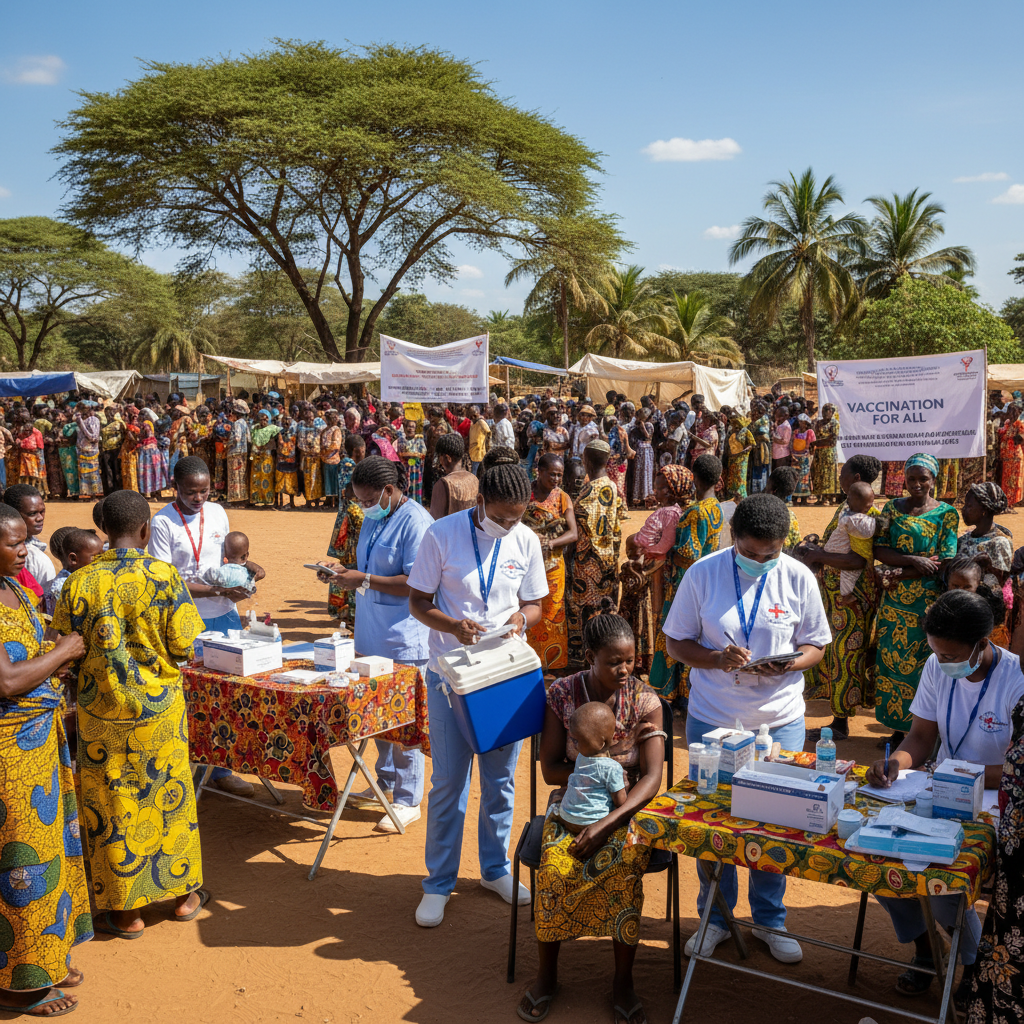 Health worker in protective gear administering oral vaccine to community member at outdoor vaccination station