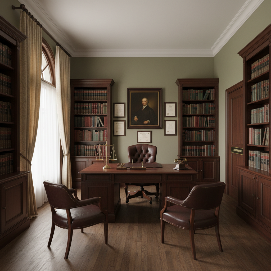 Law office interior with dark wood paneling, dim atmospheric lighting, leather chairs, and framed certificates on walls