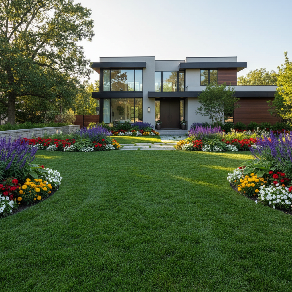 Completed modern residential home, neat facade, landscaped front, bright daylight, suburban street