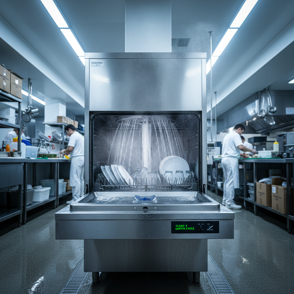 Commercial dishwasher running clean sanitize cycle in working commercial kitchen